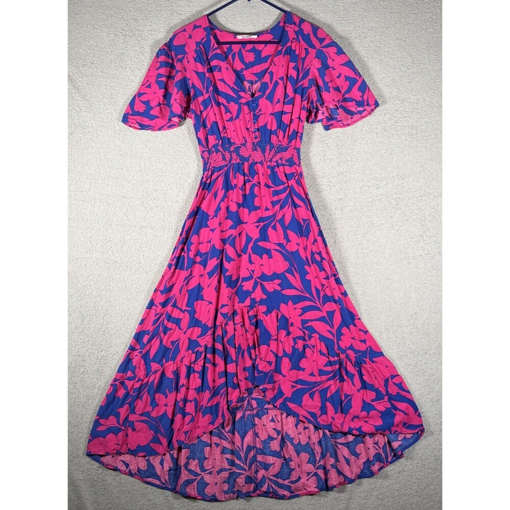Abel‎ the Label Sz XS Cassidy Hi-Lo Midi Dress Blue Pink Floral Flutter Sleeve